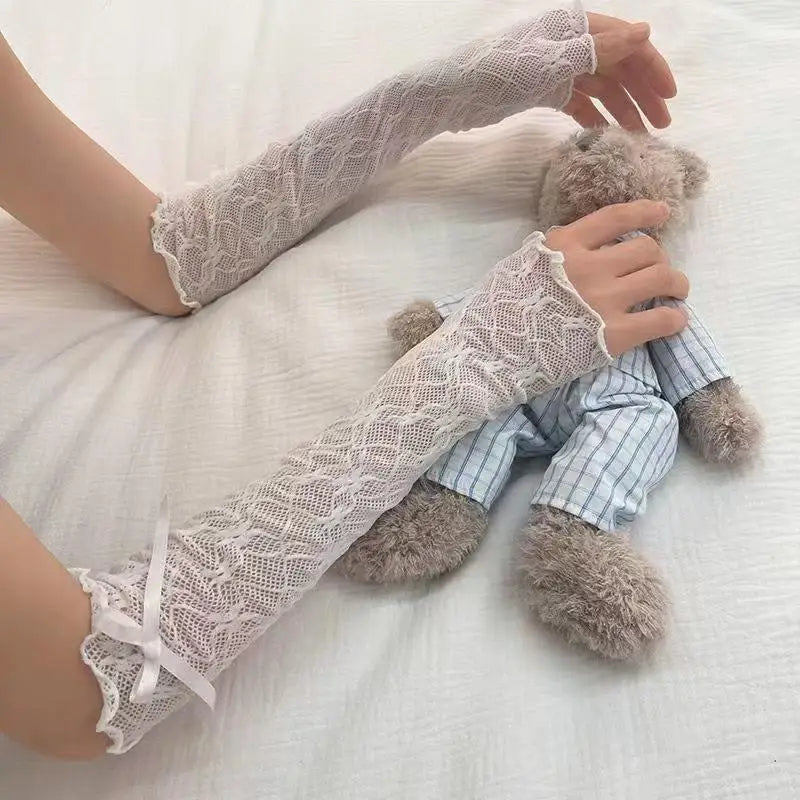 Lace Ruffle Fingerless Gloves – Y2K Lolita Bow Arm Sleeves Lace Arm Sleeves Axl
