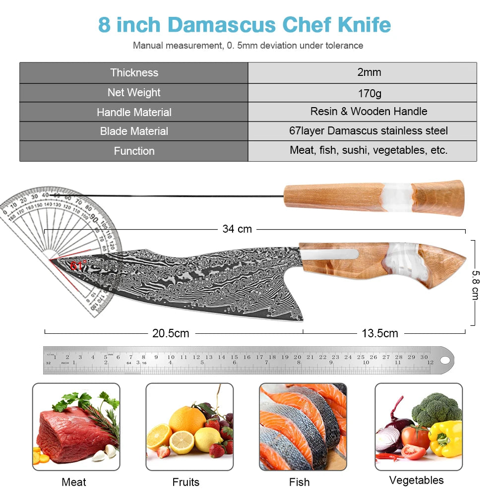 XITUO Damascus Steel Chef Knife – Sharp 20cm Resin Wood Handle Damascus Chef Knife Axl