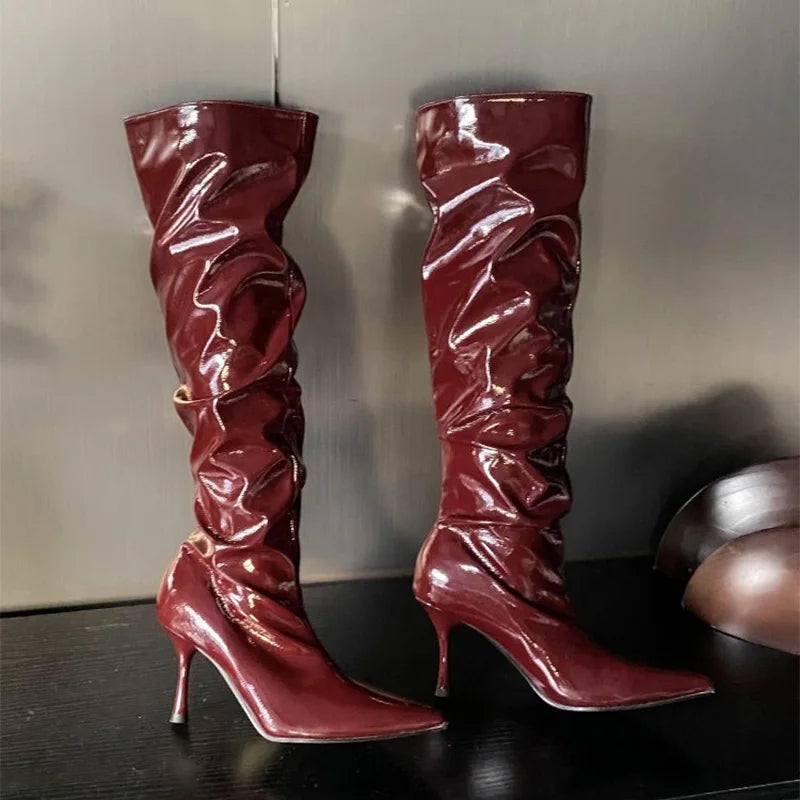 Women's Shiny Pleated Mid-Calf Boots | Pointed Toe Stiletto Mid-Calf Heeled Boots Axl burgundy 37