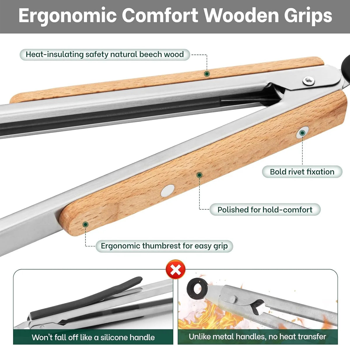Leeseph Stainless Steel Food Tongs with Wooden Handle 7-16" Kitchen Tongs Axl