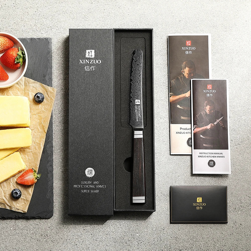 XINZUO 5" 67-Layer Damascus Steel Butter Knife – Ebony Handle Damascus Kitchen Knife Axl