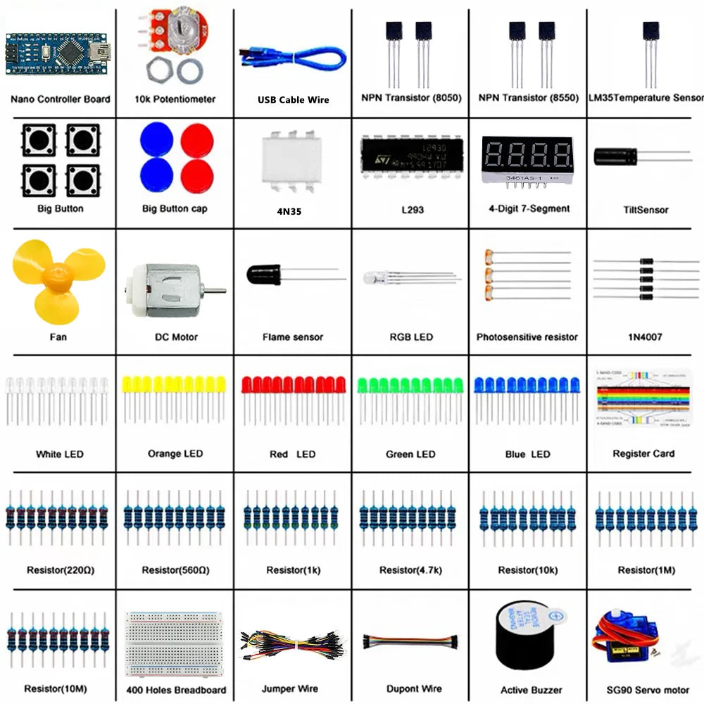 Arduino Nano Starter Kit – LED, Resistor & Components Set Electronics Starter Kit Axl