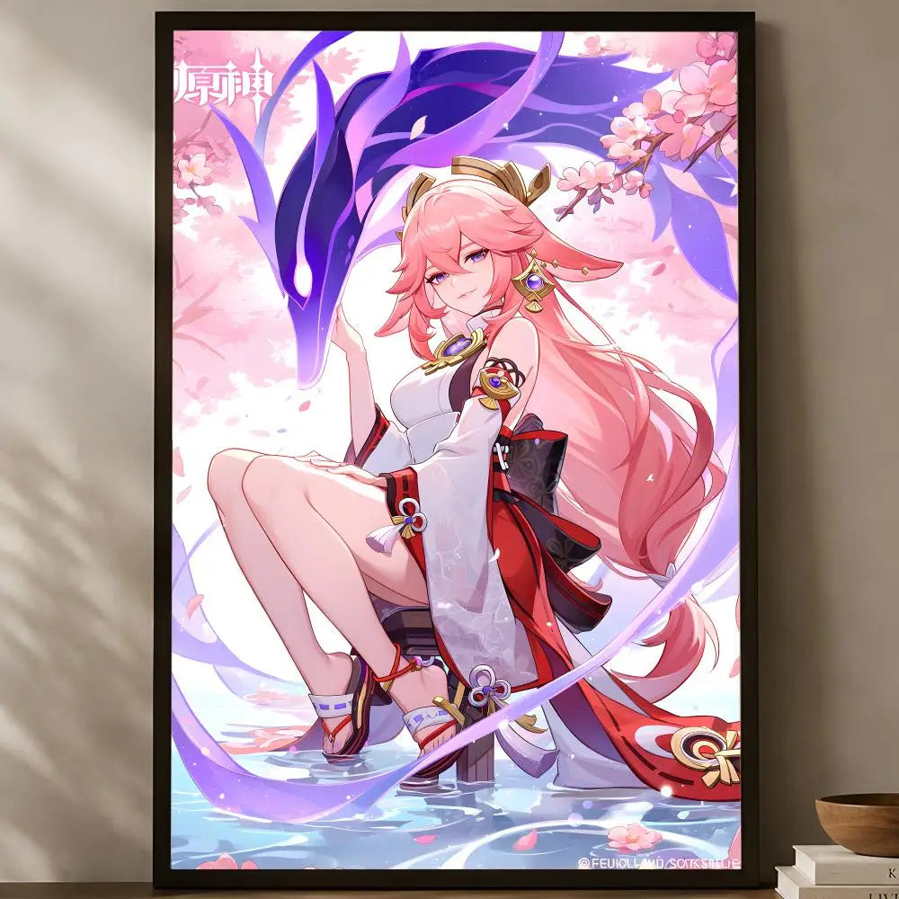 Yae Miko Self-Stick HD Wall Poster – Waterproof Anime Decor Wall Art Poster Axl White05 50X70cmNoframe