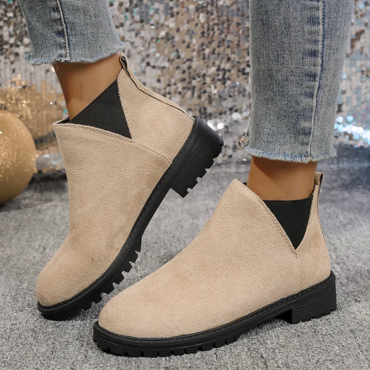 Women's Chunky Heel Suede Ankle Boots – Round Toe Slip-On Ankle Boots Axl Off-white 39