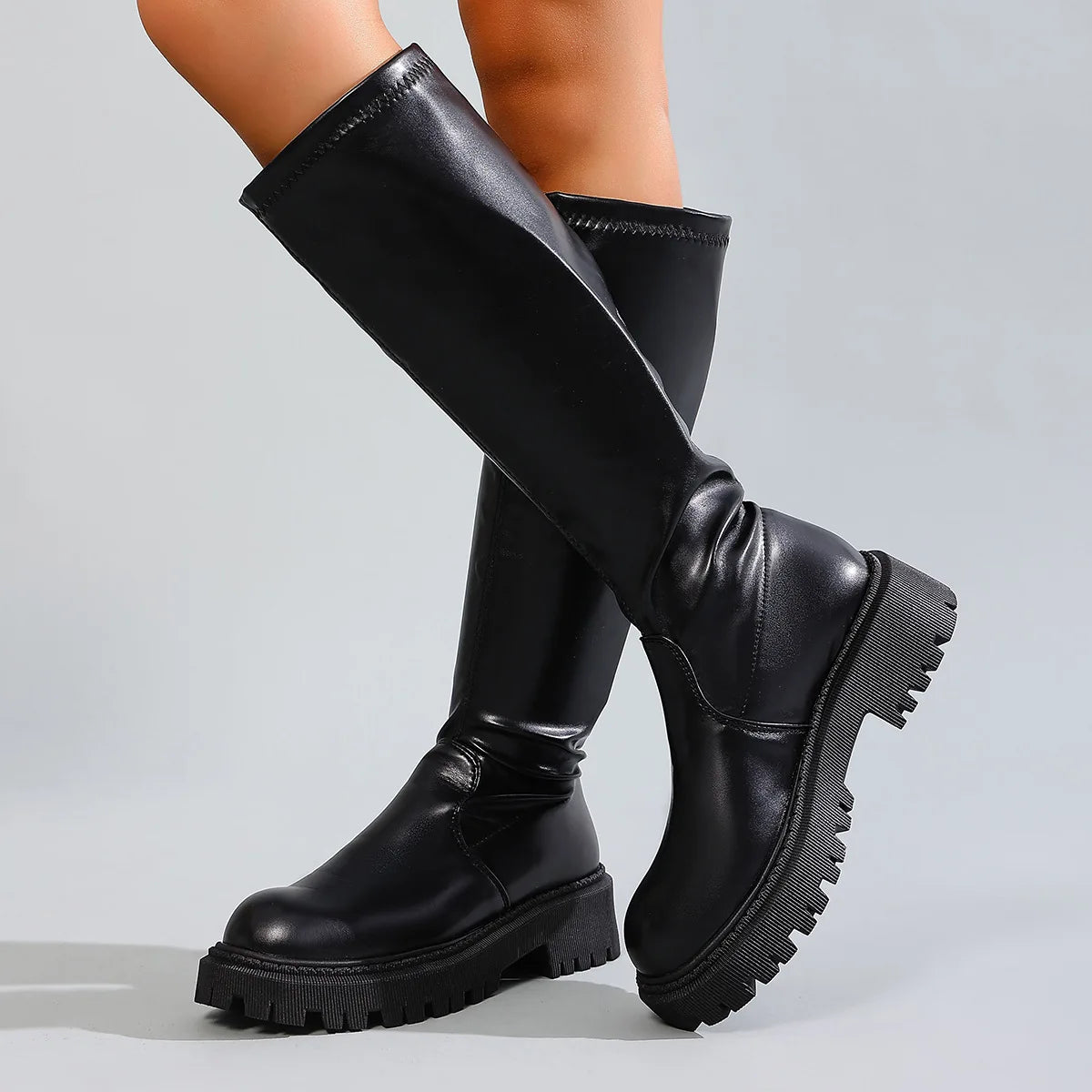 Women's Square Heel Knee-High Boots – Slip-On Faux Leather Knee-High Boots Axl