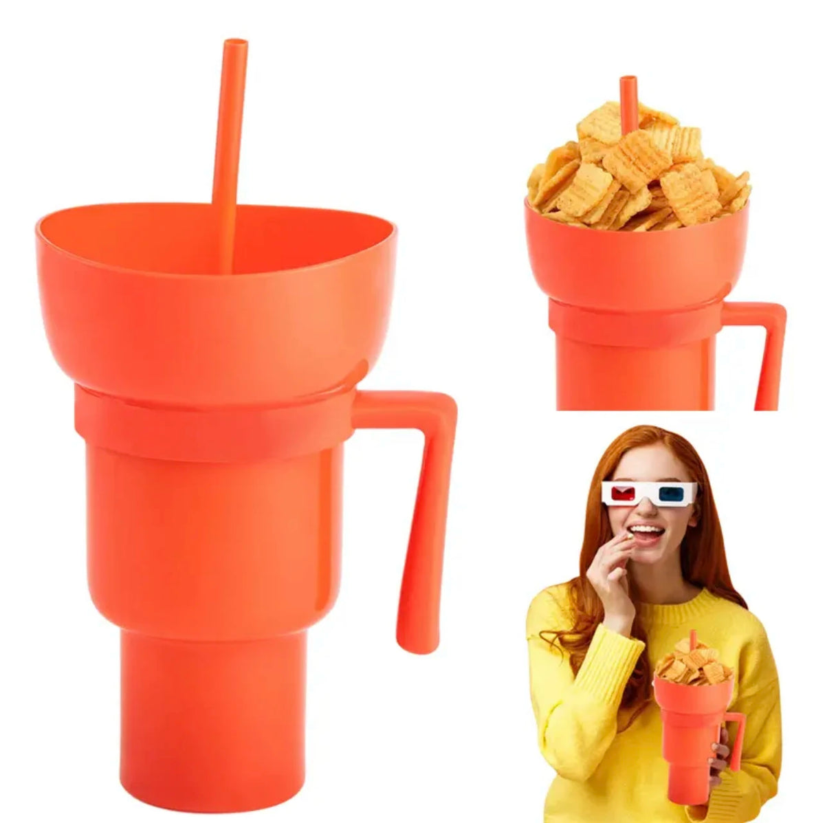 2-in-1 Popcorn Snack & Drink Cup with Handle | KEMORELA Snack Beverage Cup Axl Orange Color 901-1000ml