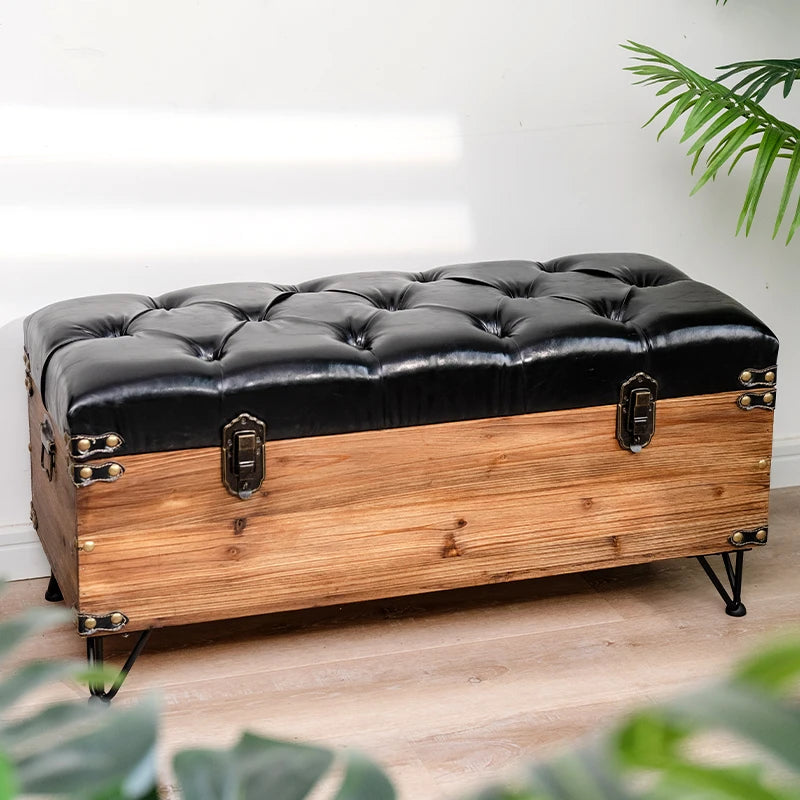 Solid Wood Storage Ottoman Bench – 35L Retro Cushioned Stool Storage Ottoman Bench Axl