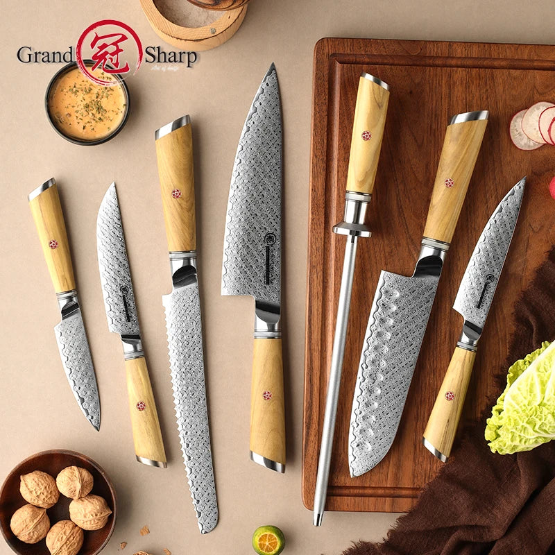 7-Piece Damascus Chef Knife Set – Japanese AUS-10 Olive Wood Kitchen Knife Set Axl