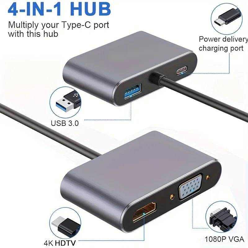4-in-1 USB-C Hub – 4K HDMI, VGA, USB 3.0 & 100W PD Charging USB-C Hub Adapter Axl