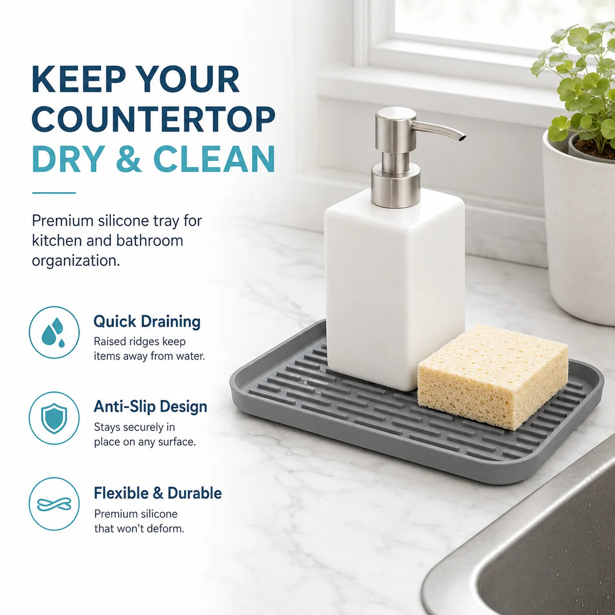 2-Pack Silicone Sink Organizer Tray & Dish Drying Mat – BPA-Free Silicone Organizer Tray Axl