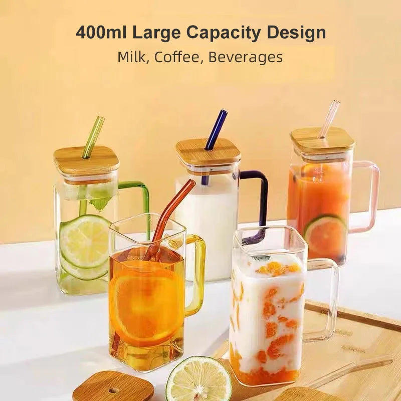 400ml Square Glass Mug with Lid & Straw | Microwave Safe Glass Mug Axl