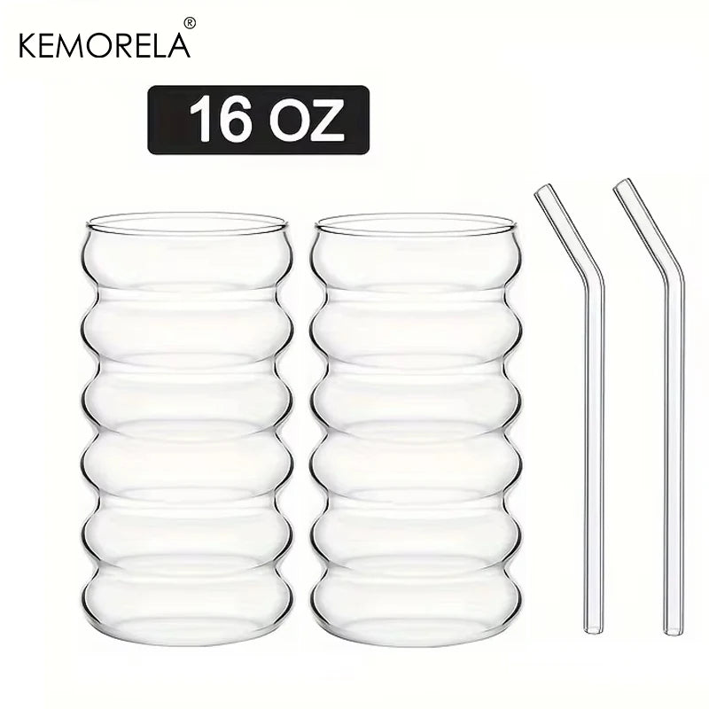 500ml Wave Ripple Drinking Glasses with Straws | Set of 1–4 Drinking Glass Set Axl 2PCS 401-500ml