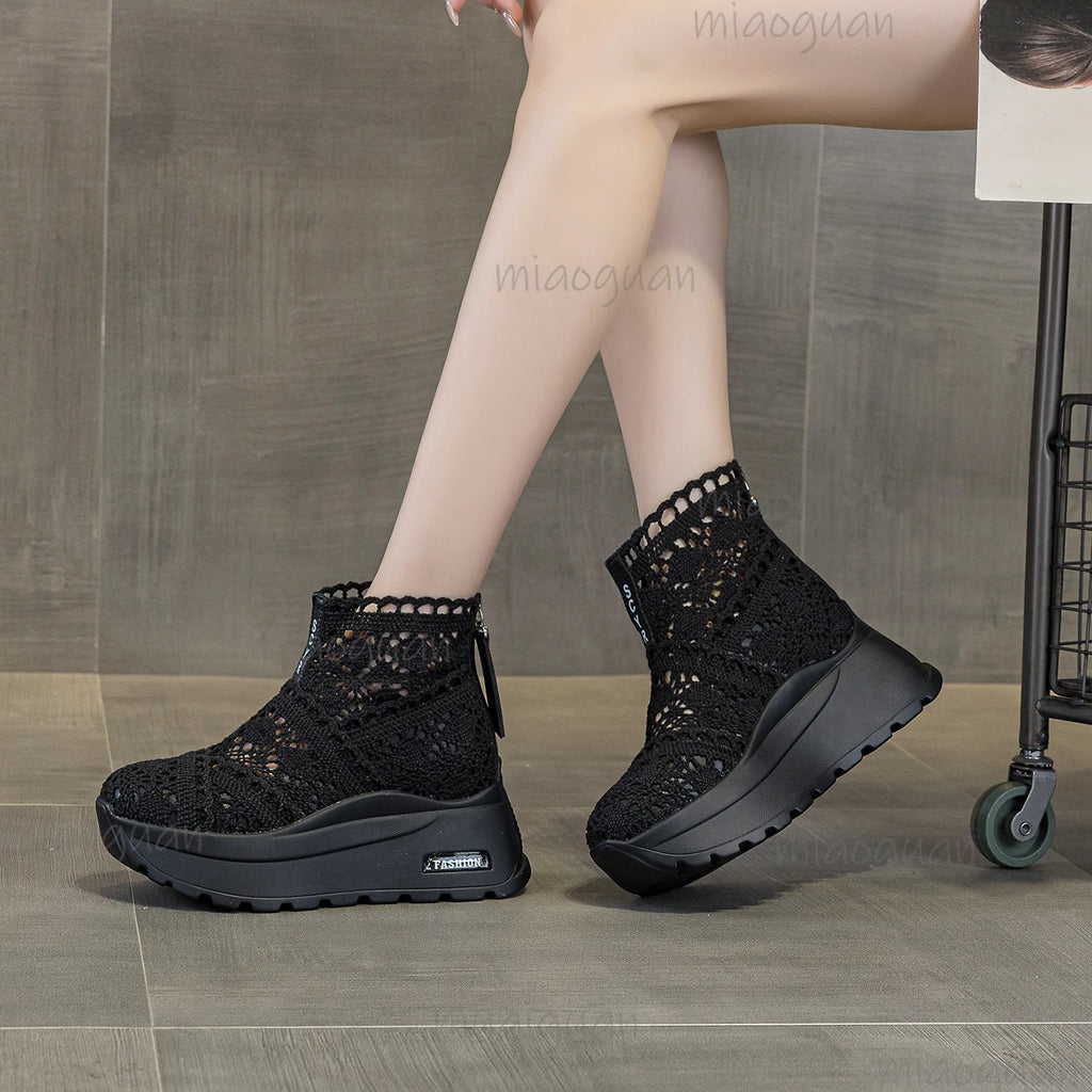 Women's Mesh Wedge Ankle Boots – 8CM Zip Summer Booties Wedge Ankle Boots Axl