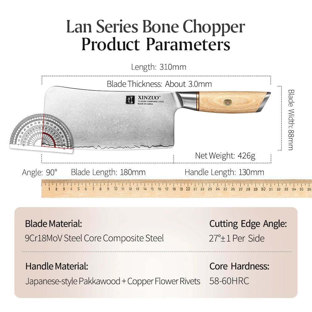 XINZUO 7-Inch Bone Chopper | 10Cr15CoMoV Steel Pakkawood Bone Chopper Cleaver Axl