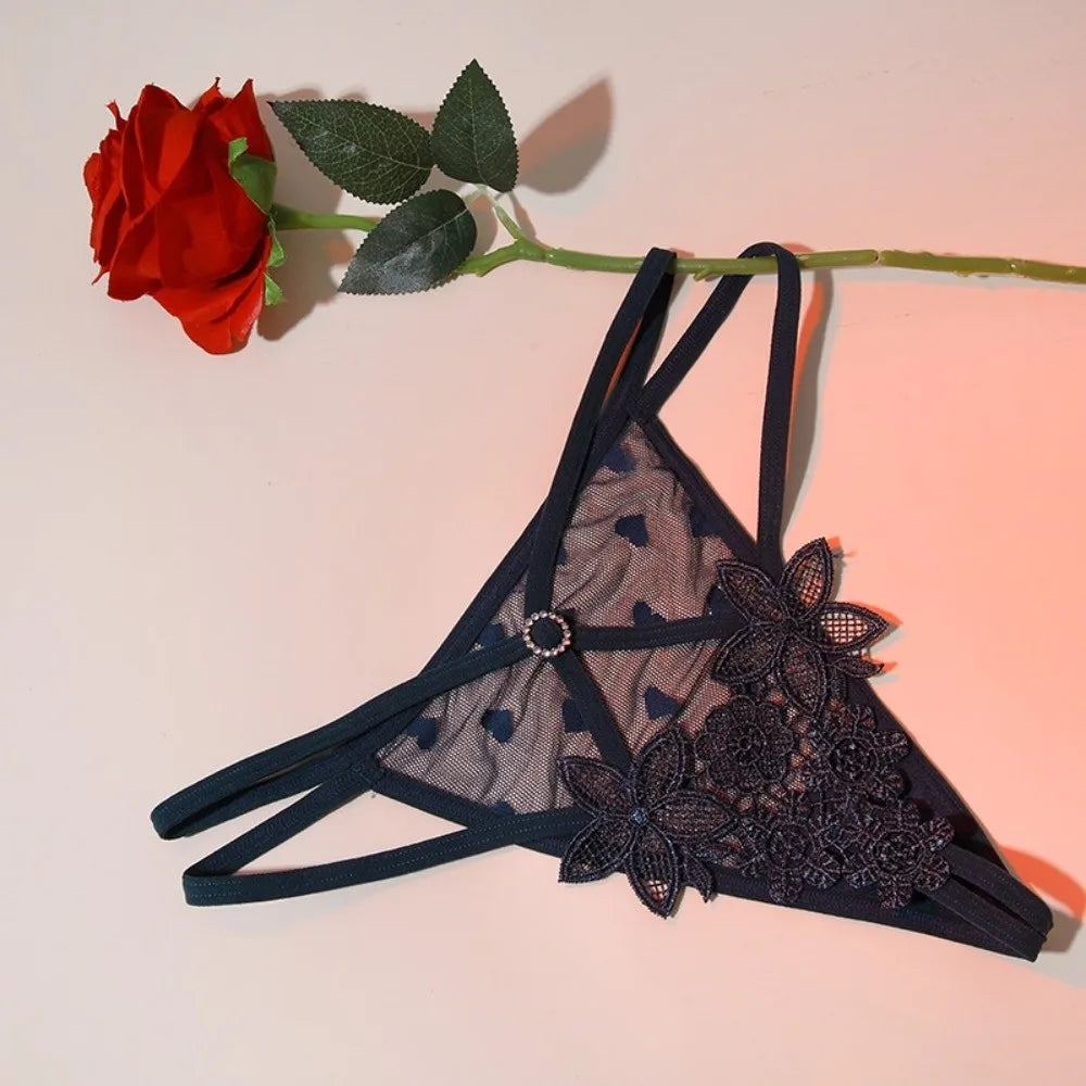 Women's Low Rise Floral Embroidery Thong – Lace Bikini Brief Thong Panties Axl Green One Size 1pc