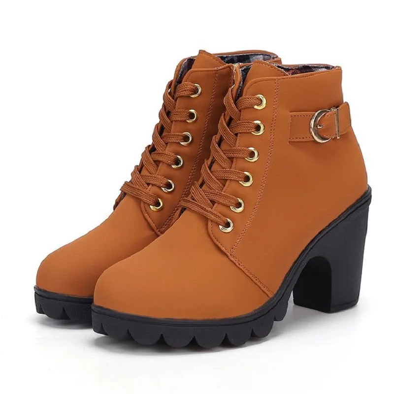 Women's Lace-Up Ankle Boots | Square Heel Platform Booties Heeled Ankle Boots Axl