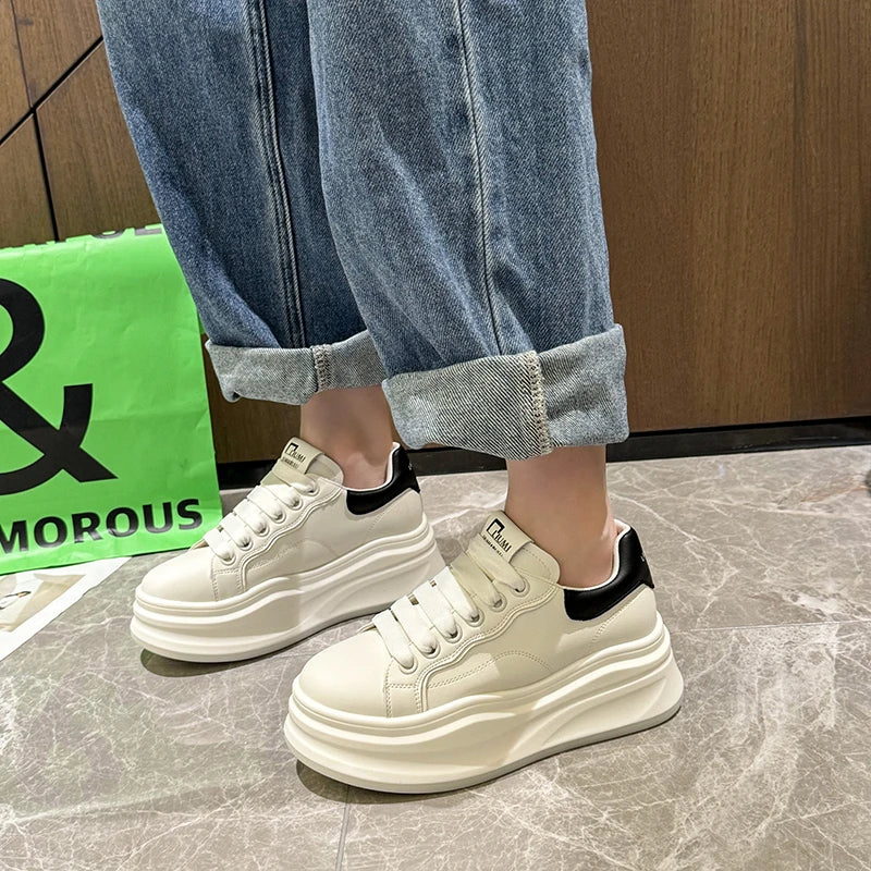 Women's White Platform Sneakers – PU Leather Lace-Up Flats Platform Sneakers Axl