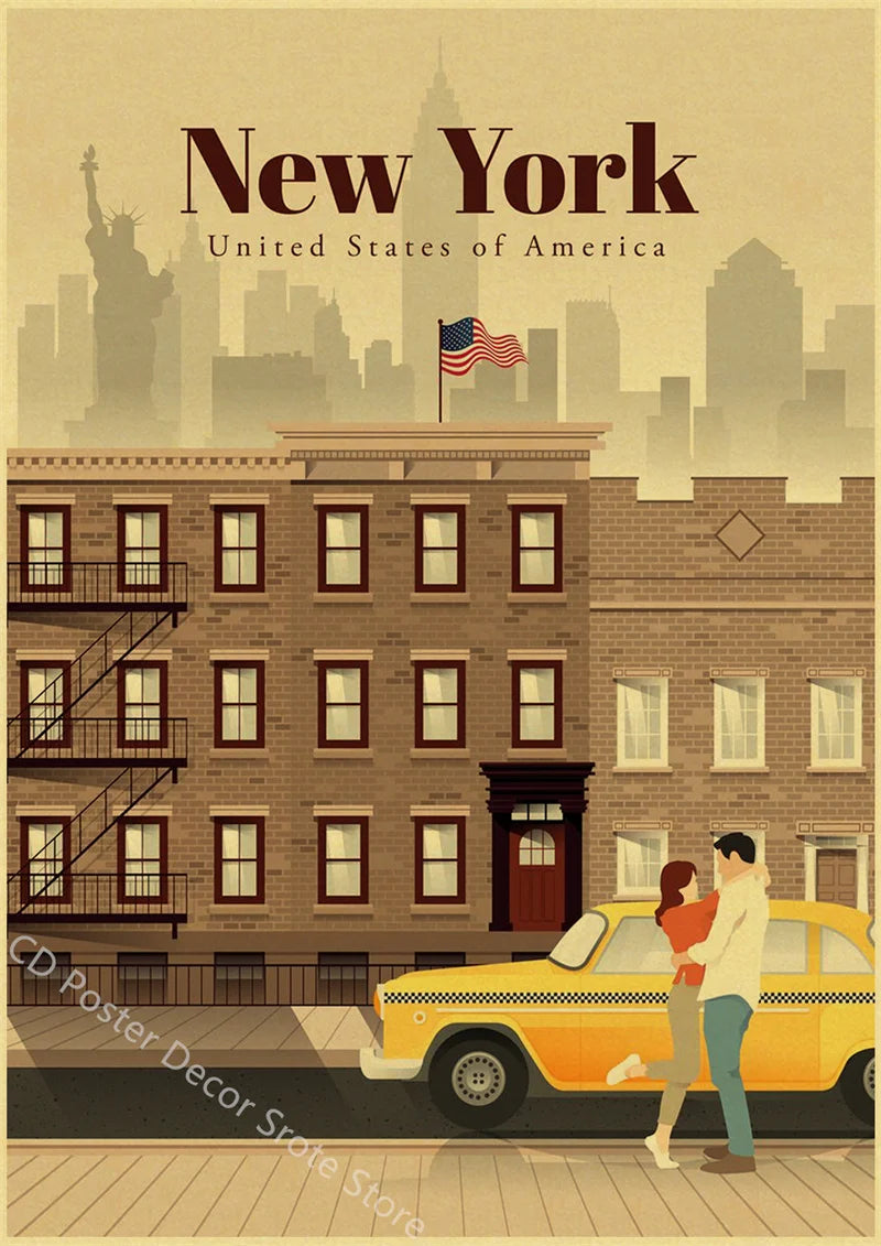 World Cities Retro Travel Poster – Rome Paris Sydney Dubai Art