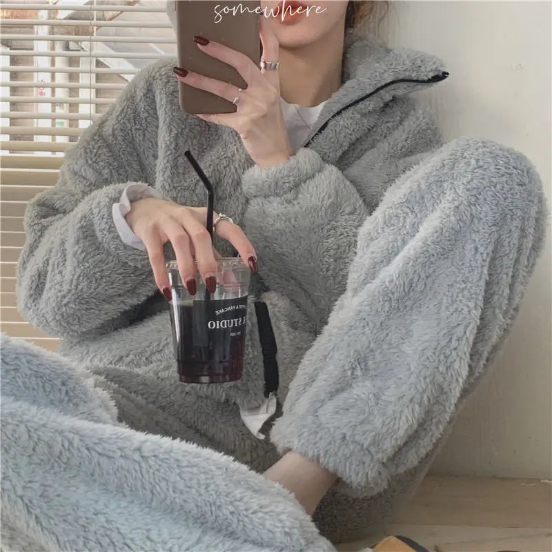 Women's Winter Fleece Pajama Set – Zip-Up Turtleneck Sleepwear Women's Pajama Set Axl gray sets XL
