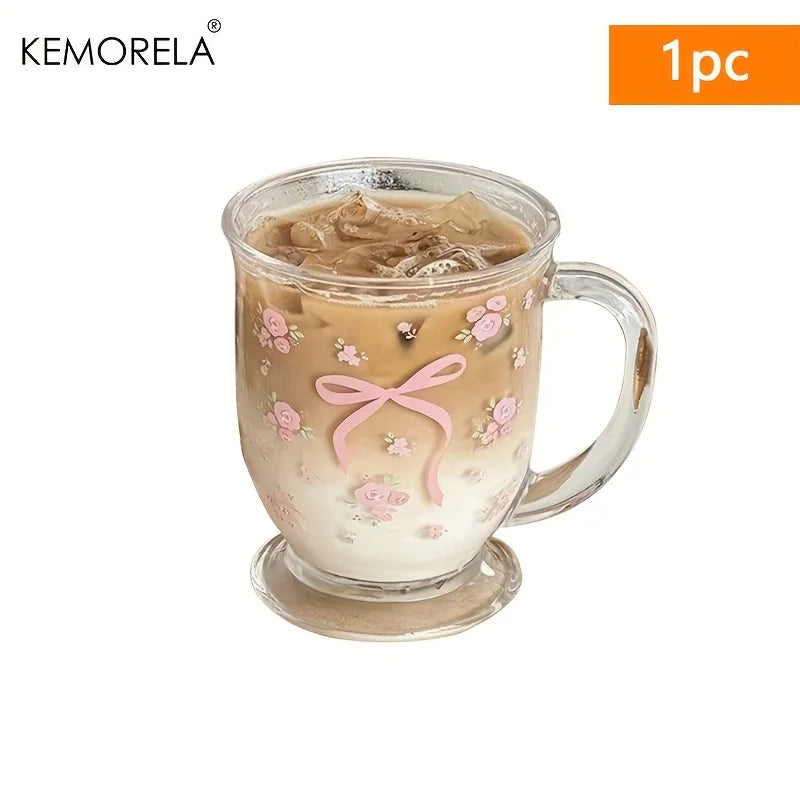 KEMORELA 450ml Floral Rose Glass Cup | U-Shaped Coffee Glass Glass Coffee Cup Axl 1pc 301-400ml