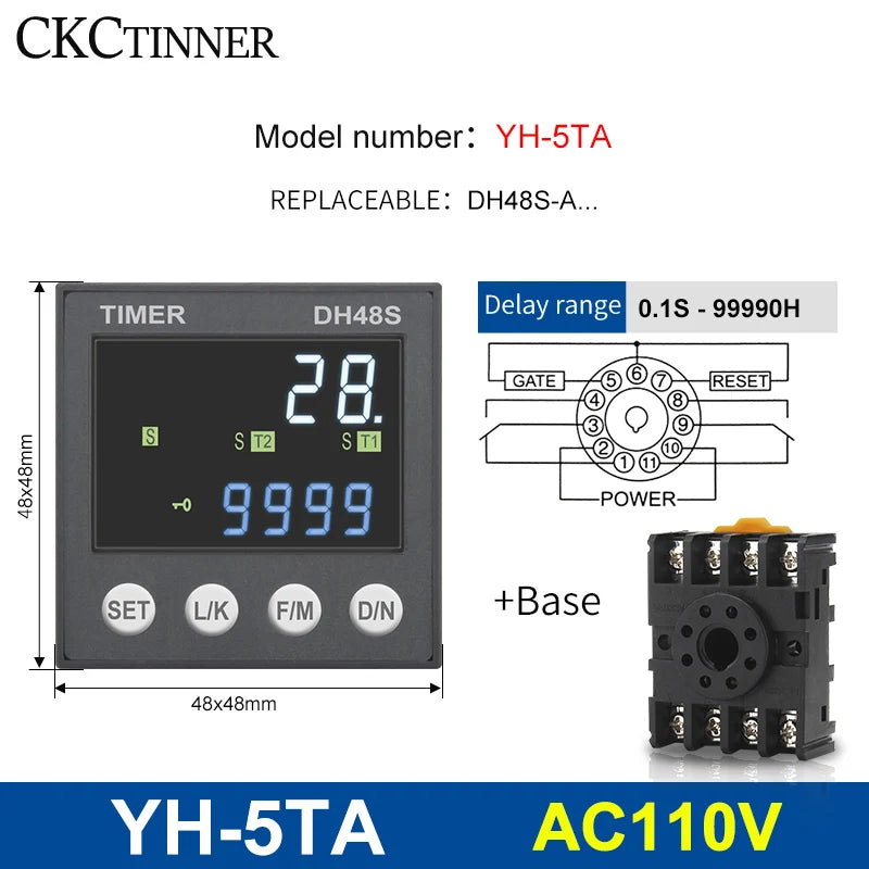 DH48S Programmable Time Delay Relay 24V/220V + Socket Base Programmable Time Relay Axl YH-5TA - 110VAC