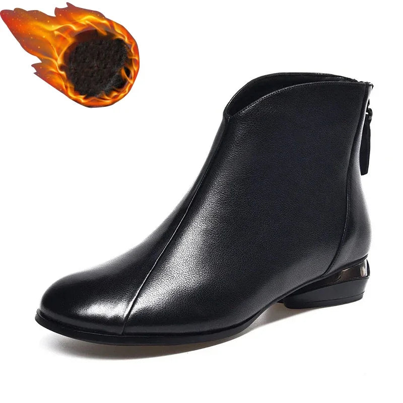 Women's PU Leather Ankle Boots – Low Heel Zip Short Boots Women's Ankle Boots Axl Black Plush 35