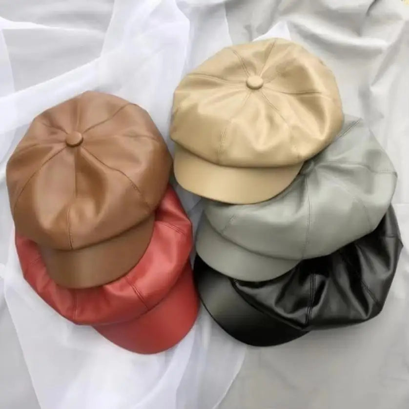 PU Leather Retro Beret – Octagonal Flat Cap for Women Women's Beret Hat Axl