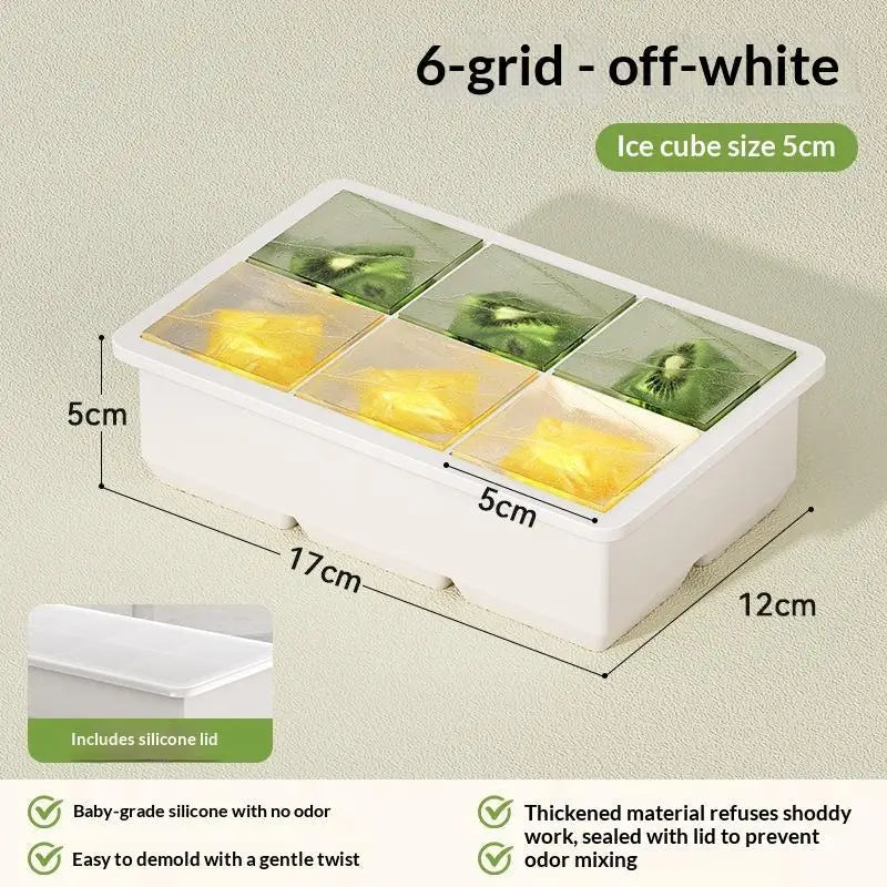 Large Silicone Ice Cube Tray with Leak-Proof Lid | Easy Release Silicone Ice Tray Axl 6 Grids White