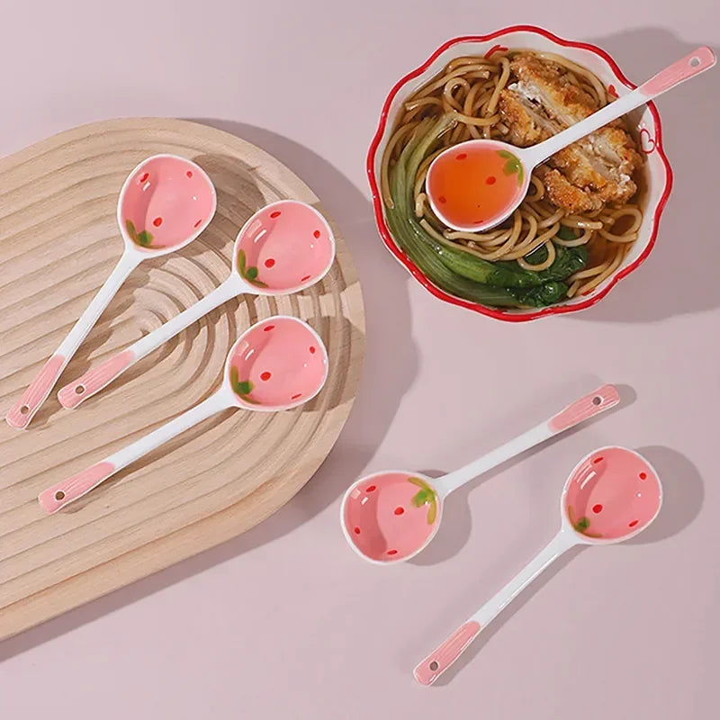 KEMORELA Strawberry Ceramic Long Handle Spoon – Korean Design Ceramic Spoon Axl