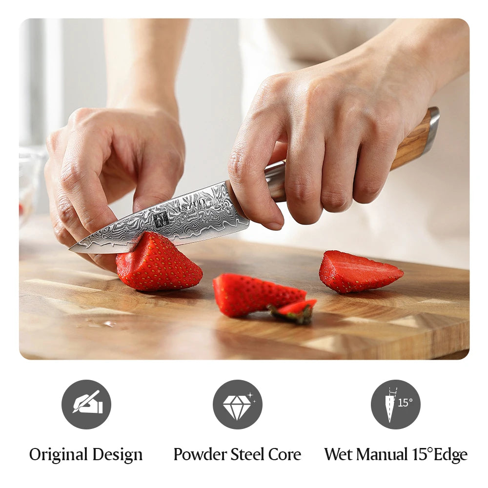 XINZUO 3.5" Damascus Steel Paring Knife – VG10 Core, Olive Wood Damascus Paring Knife Axl