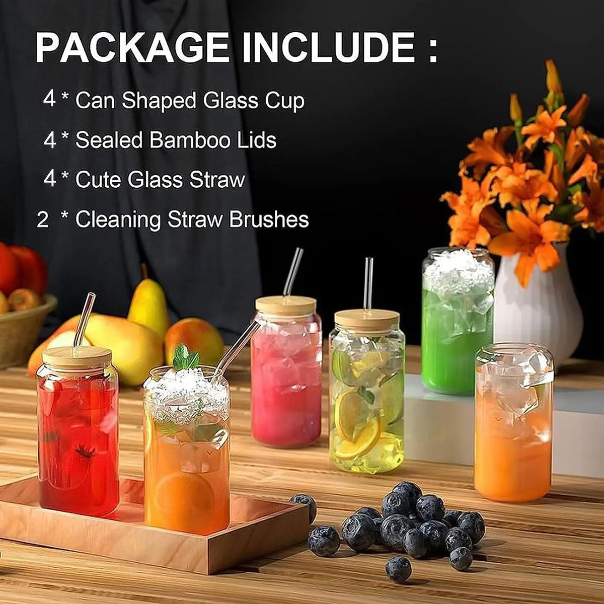 Can Shaped Glass Cups 540ml – Bamboo Lids & Glass Straws Glass Drinkware Set Axl