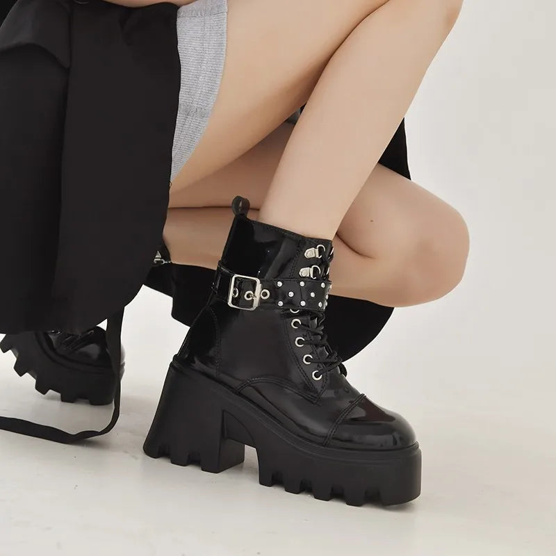 Women's Retro Punk Ankle Boots – Square Heel Lace-Up Short Boot Punk Ankle Boots Axl