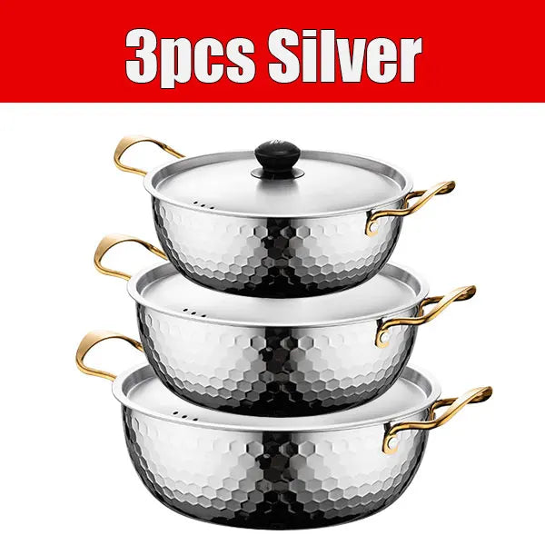 3-Piece Korean Ramen Pot Set – Stainless Steel with Lids Cookware Pot Set Axl 3pcs Silver