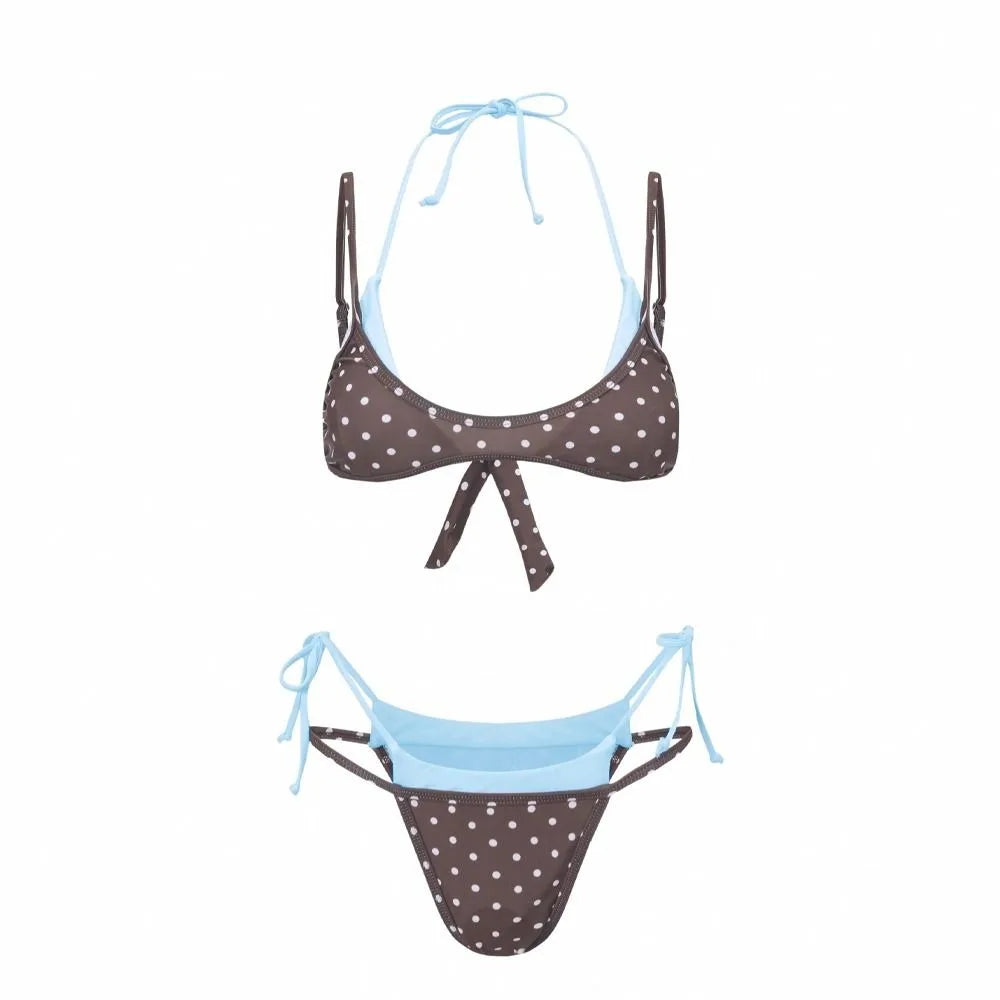 Polka Dot Halter Bikini Set – Push Up Deep V Lace-Up Swimwear Halter Bikini Set Axl Brown Blue L