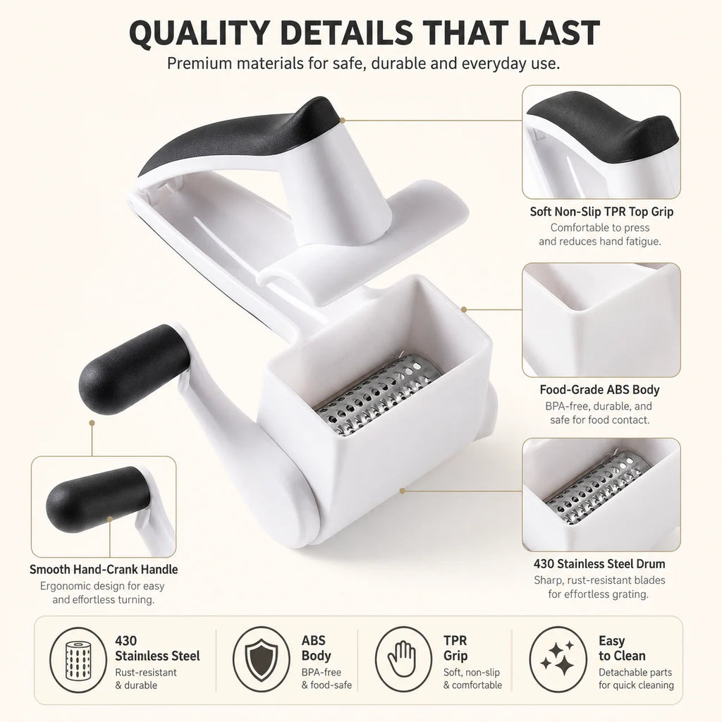 Handheld Rotary Cheese Grater – 3 Drum Vegetable Slicer Rotary Cheese Grater Axl