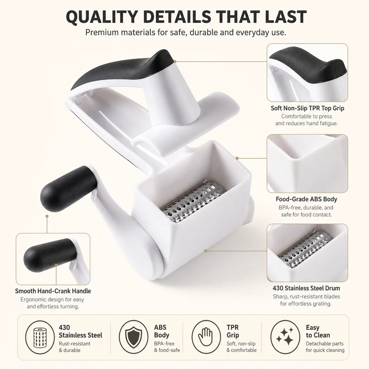 Handheld Rotary Cheese Grater – 3 Drum Vegetable Slicer Rotary Cheese Grater Axl