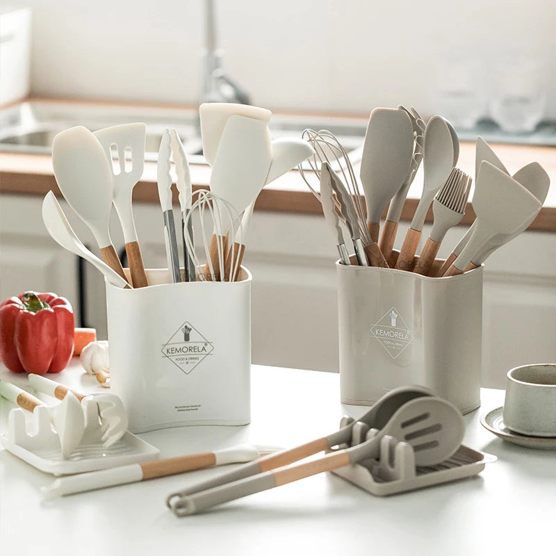 KEMORELA 10/13 PCS Silicone Kitchen Utensil Set Wooden Handle Silicone Utensil Set Axl