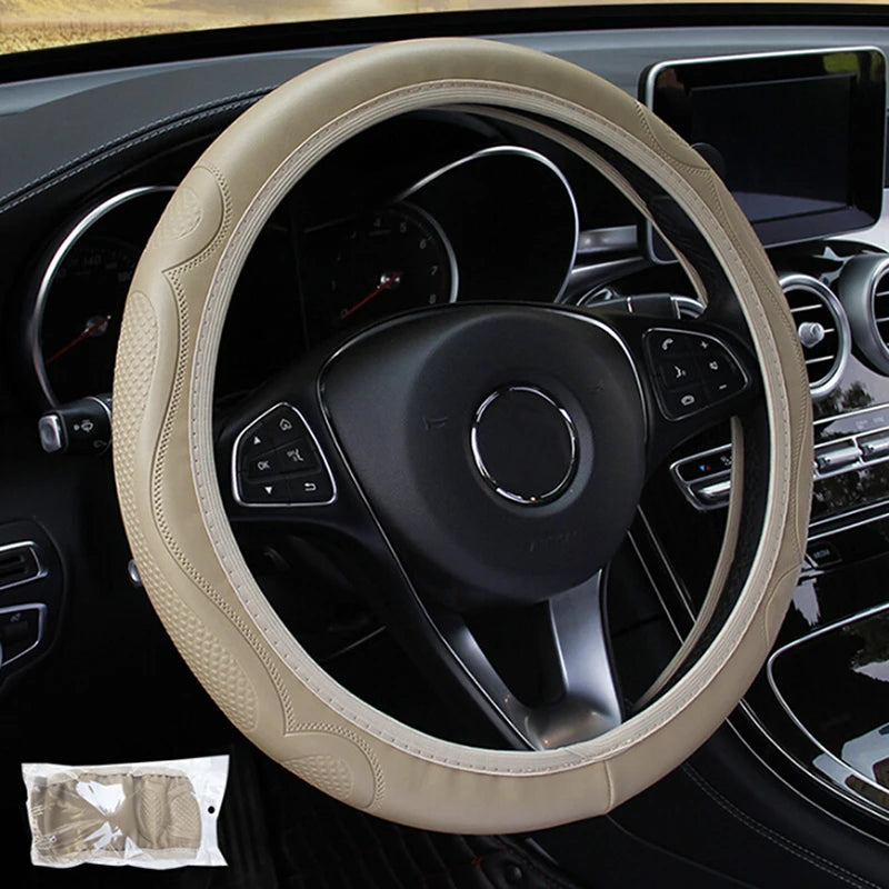 Universal Leather Steering Wheel Cover – Anti-Slip 38cm Steering Wheel Cover Axl Beige