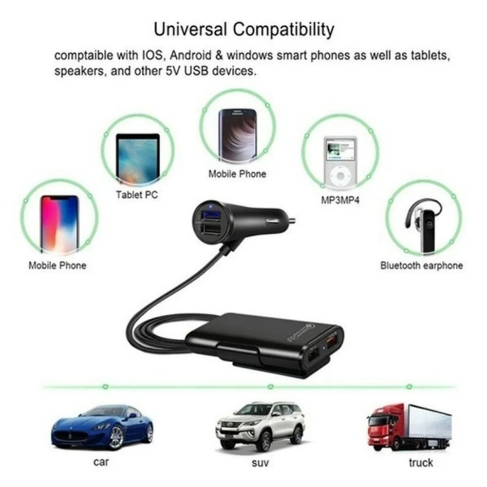 4-Port USB Car Charger QC3.0 Fast Charging – Front & Back Seat USB Car Charger Axl