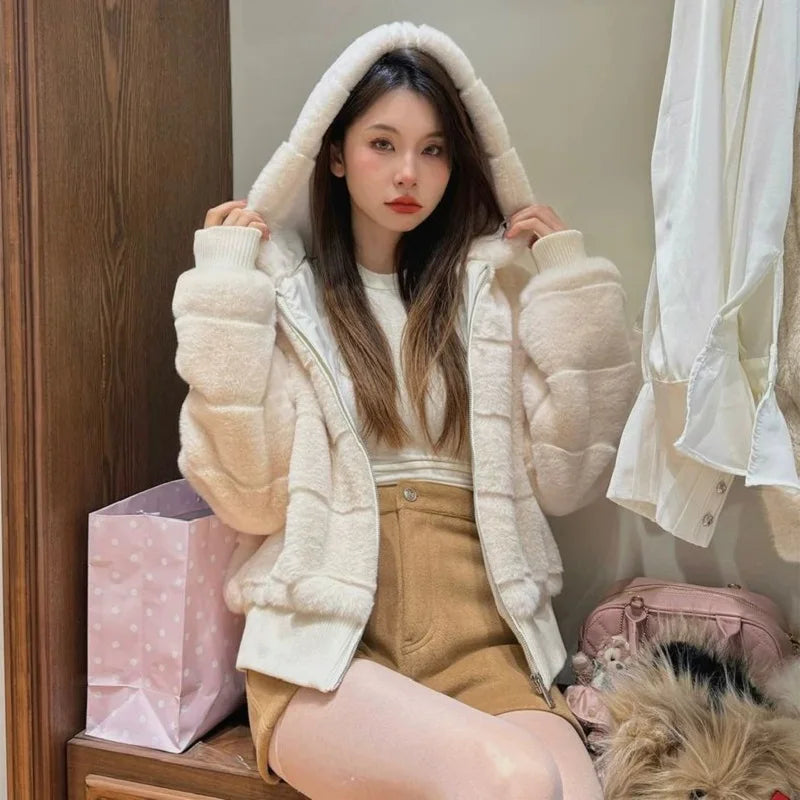 Women's Faux Mink Hoodie Jacket – Korean Style Winter Coat Women's Hoodie Jacket Axl