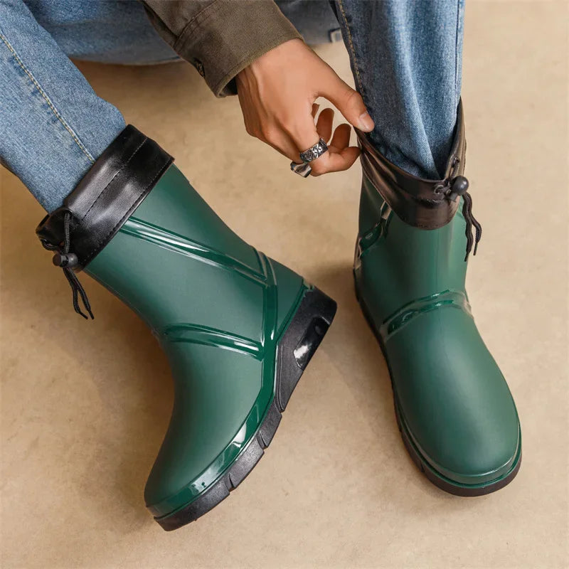 Men's Fleece-Lined Waterproof Mid-Calf Rain Boots Anti-Slip Men's Rain Boots Axl Green velvet 39