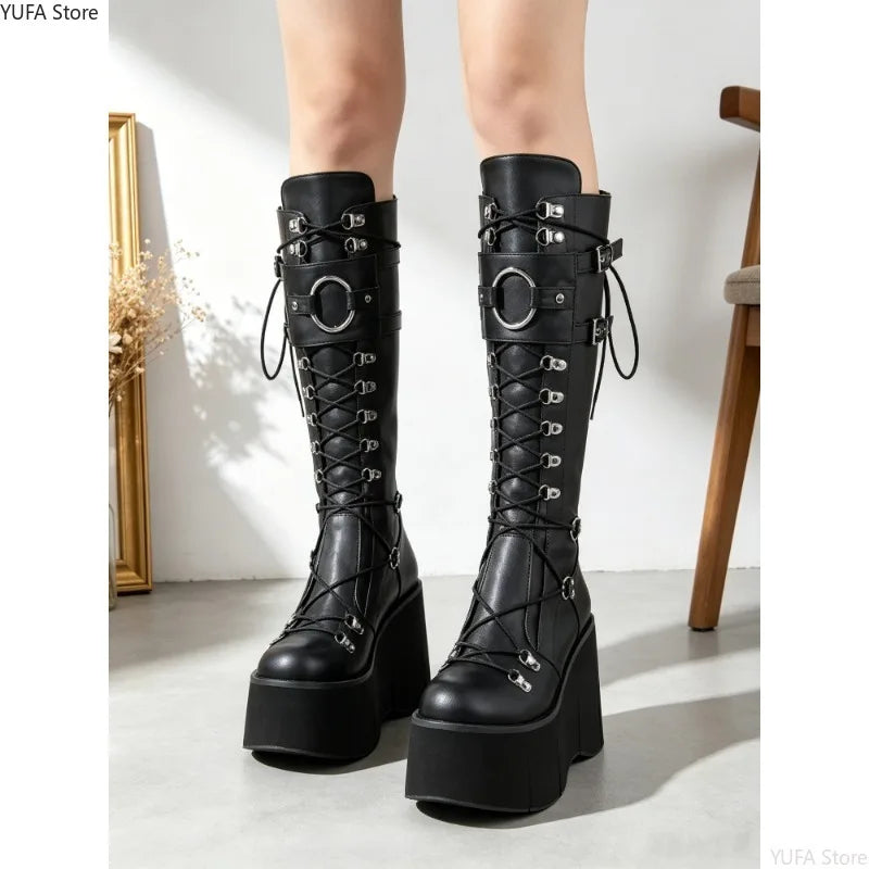 Women's Gothic Wedge Platform Boots – High Heel Lace-Up Wedge Platform Boots Axl