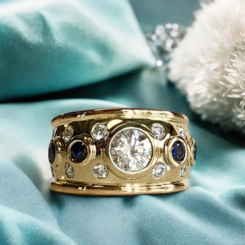 Huitan Gold-Tone CZ Ring – Blue & White Cubic Zirconia Women Fashion CZ Ring Axl
