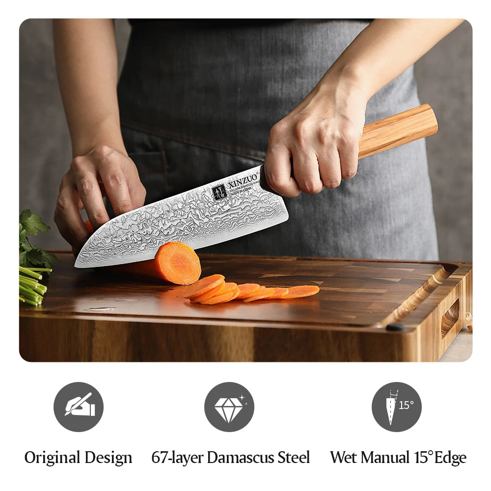 XINZUO 7.3" Damascus Santoku Knife – Olive Wood Handle Damascus Santoku Knife Axl