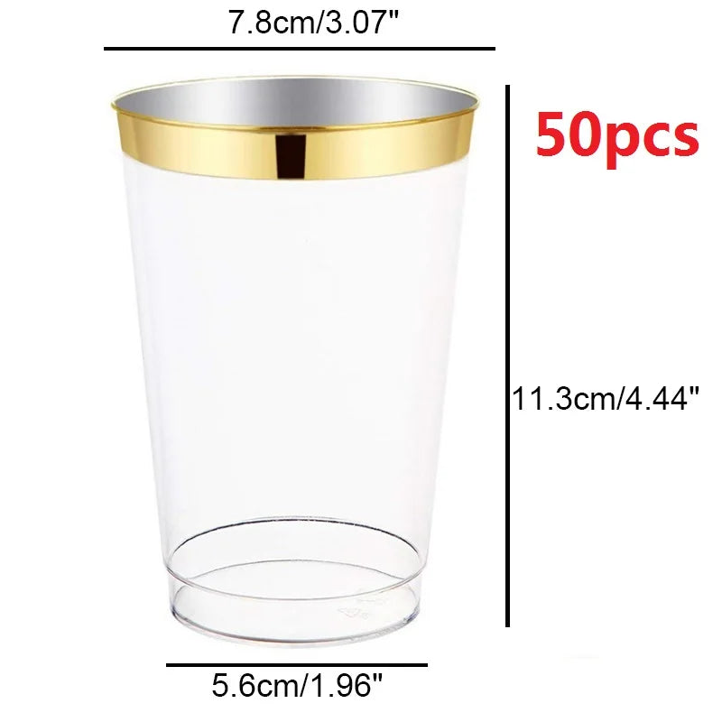 Gold Rim Disposable Plastic Cups 25/50 Pack – Party & Wedding Disposable Party Cups Axl 50 Gold 10OZ