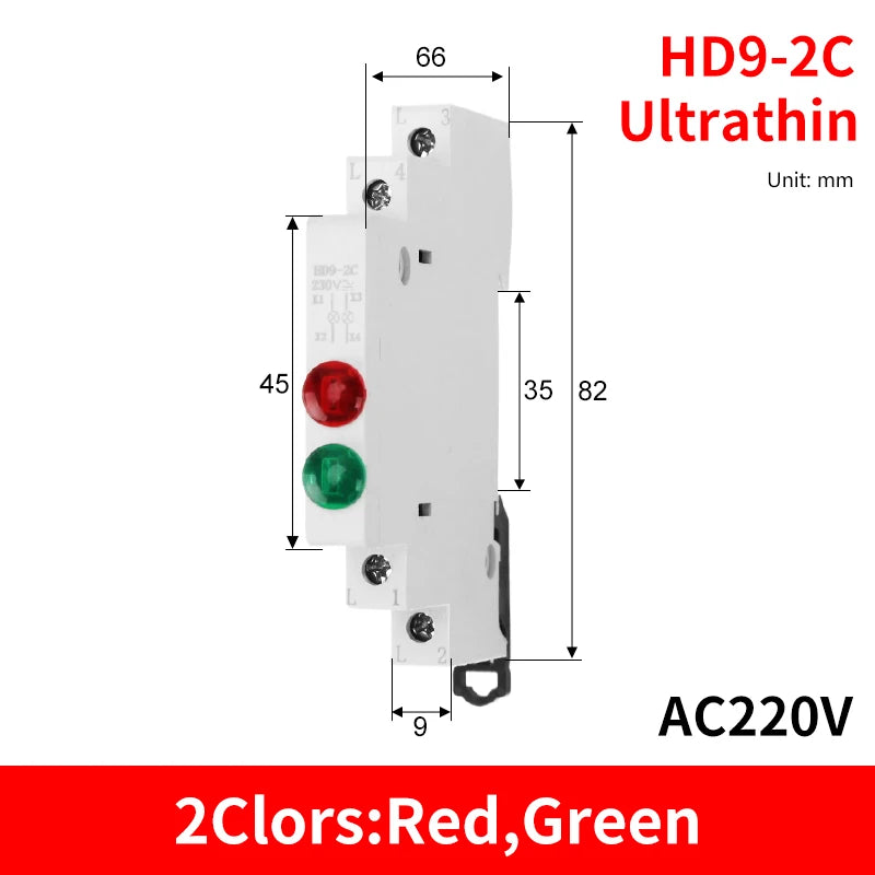 HD9 DIN Rail LED Signal Indicator Light 9mm 18mm 220V – 4 Colors LED Indicator Light Axl 2C-Red-Green