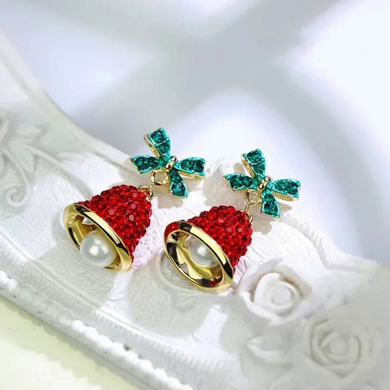 Zircon Christmas Tree Drop Earrings – Bowknot Pearl Bell Drop Earrings Axl