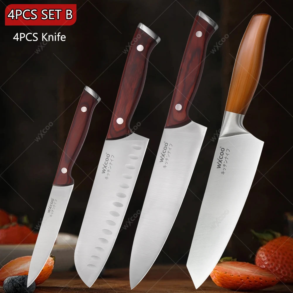 WXCOO Japanese Santoku Knife | Wooden Handle Kitchen Knife Kitchen Knife Axl 4PCS B