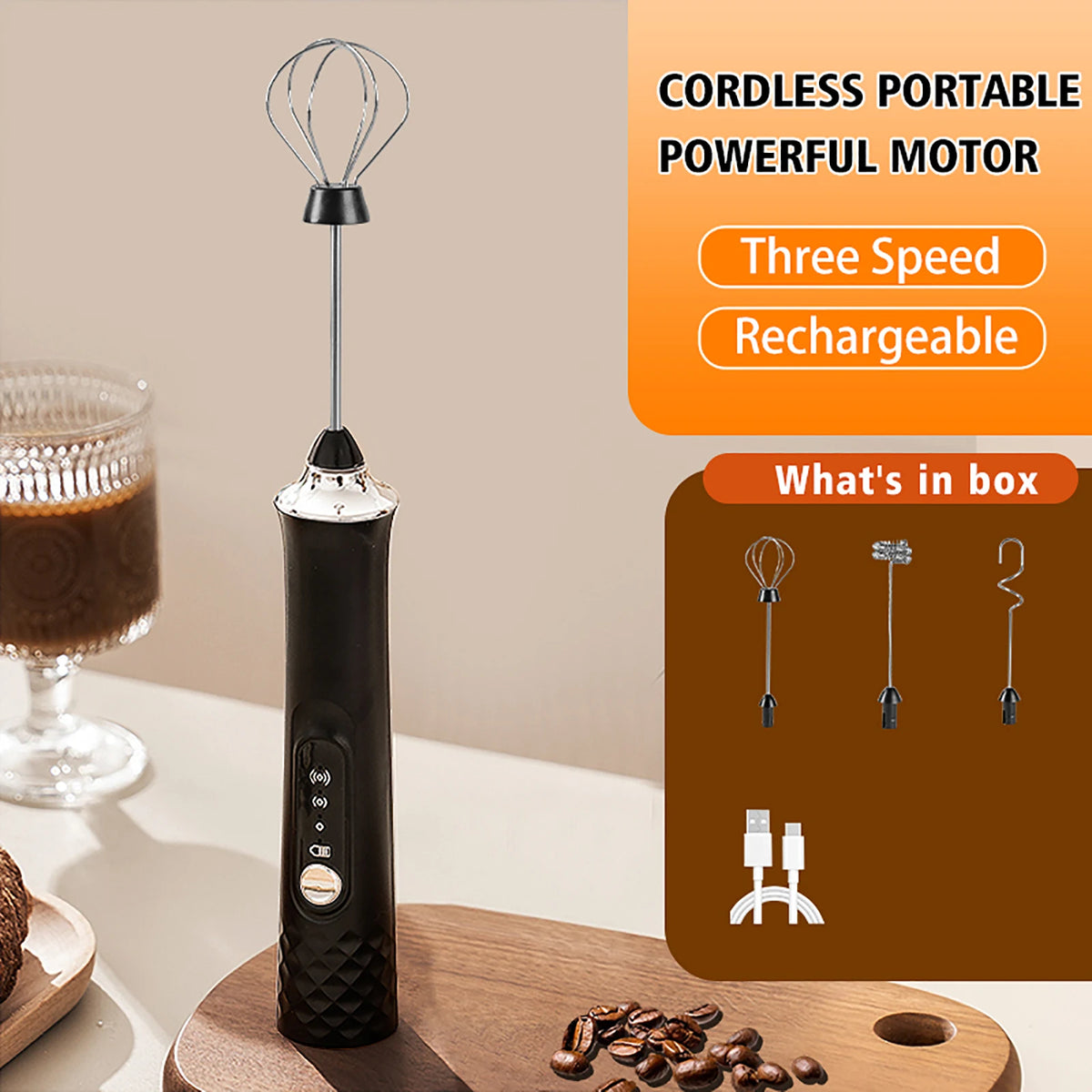 Rechargeable Handheld Electric Milk Frother – 12000 RPM Electric Milk Frother Axl Black 3 Whisk