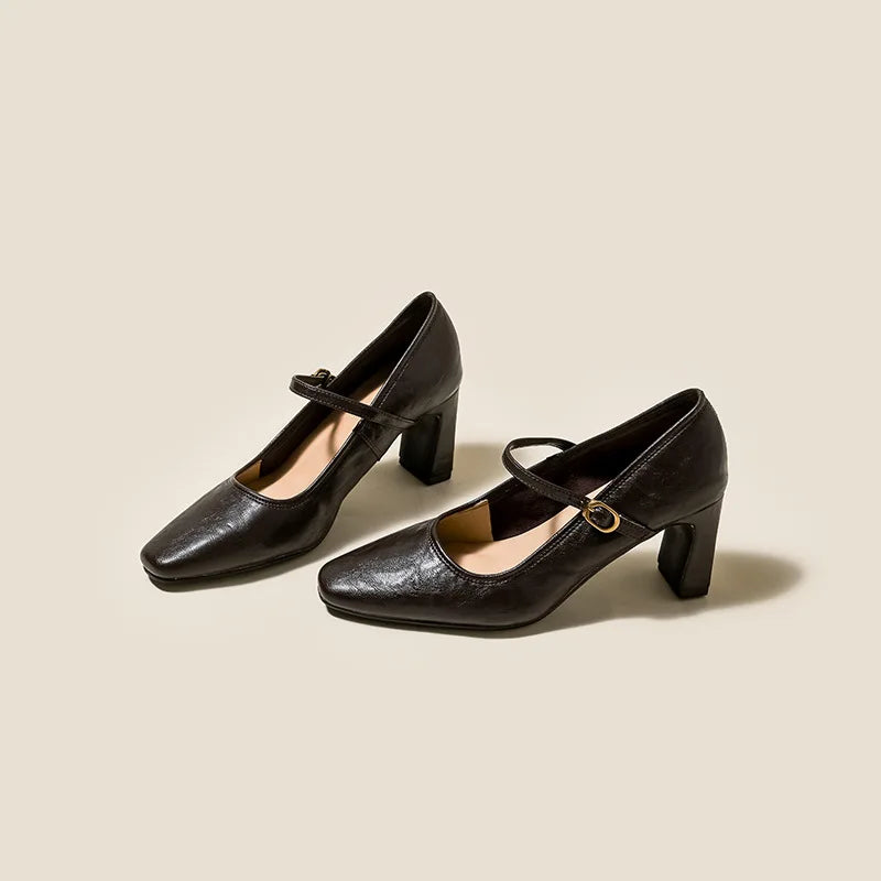 Women's Mary Jane Pumps – Square Heel Buckle Strap Heels Mary Jane Pumps Axl Dark Brown 37